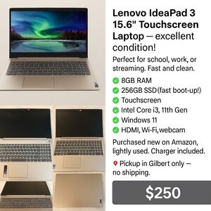 Lenovo IdeaPad 3 15.6” Touchscreen Laptop – Excellent Condition